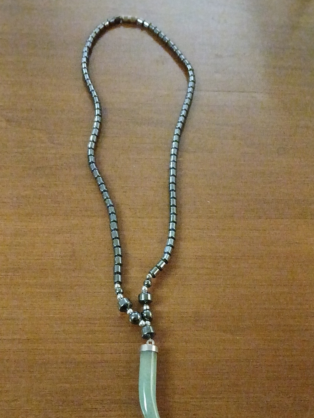 Silver Hematite Bead Necklace with Light Green Smooth Tooth Shape Pendant